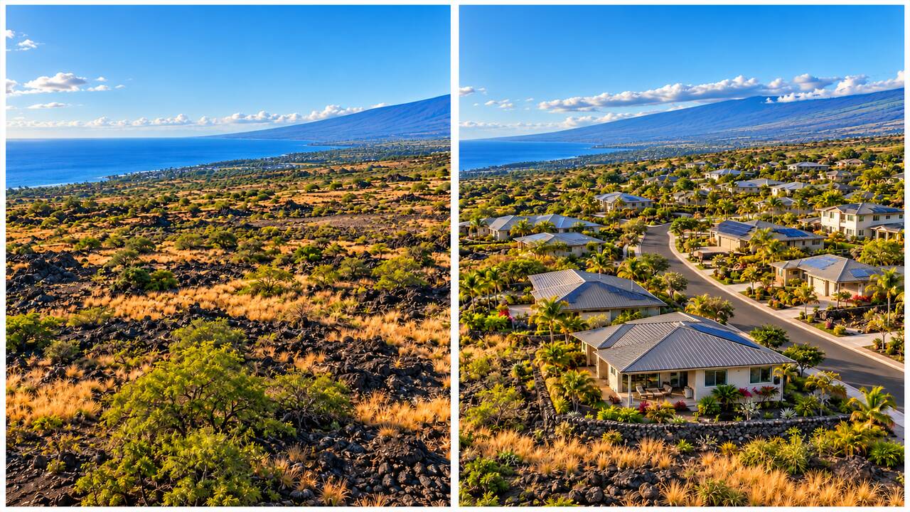 Illustration contrasting undeveloped land with a residential community